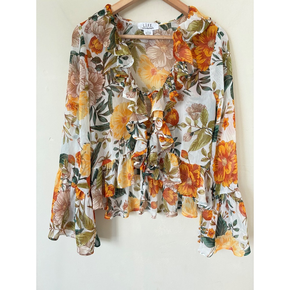 L.I.F.E. Fairycore Fall Floral Ruffle Tie Front Bell Sleeve Blouse Large Boho
